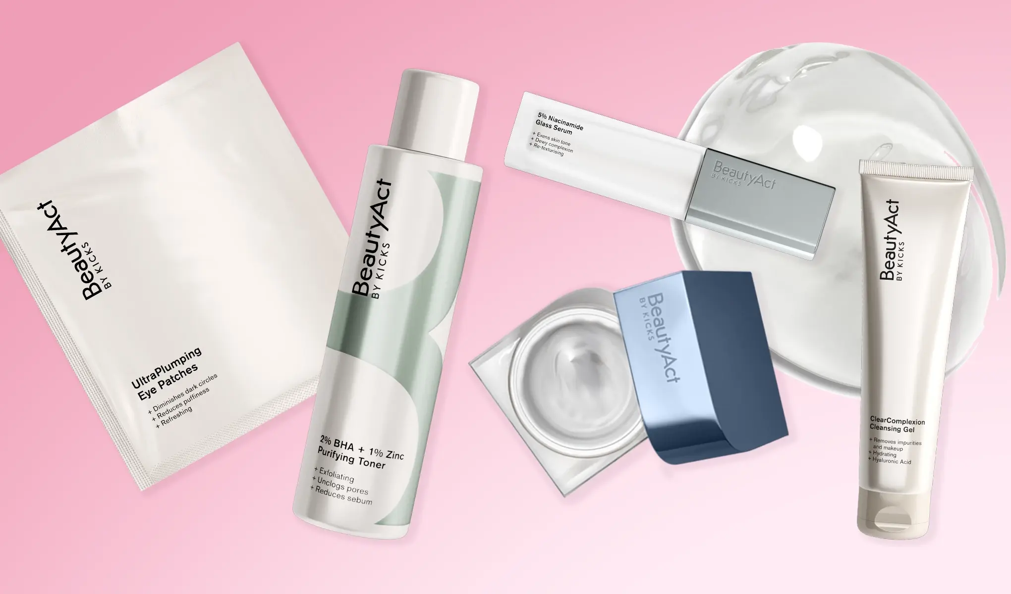 Beauty Act-produkter plassert mot en rosa bakgrunn