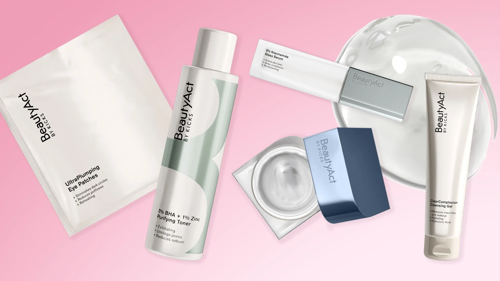 Beauty act- produkter placerade mot en rosa bakrund 