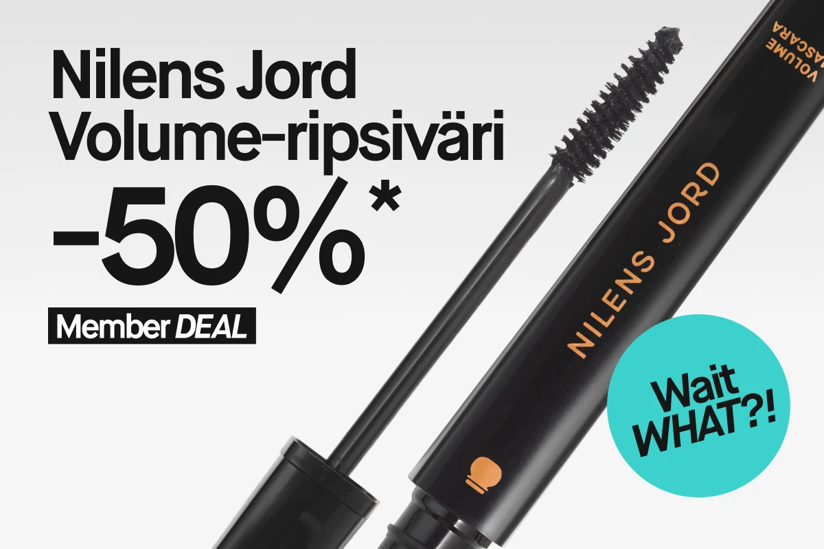 Kampanjakuva, jossa teksti ”Nilens Jord mascara 50 %* Member DEAL” ja turkoosi ympyrä tekstillä ”Wait WHAT?!”, sekä avattu Nilens Jord -ripsiväri.
