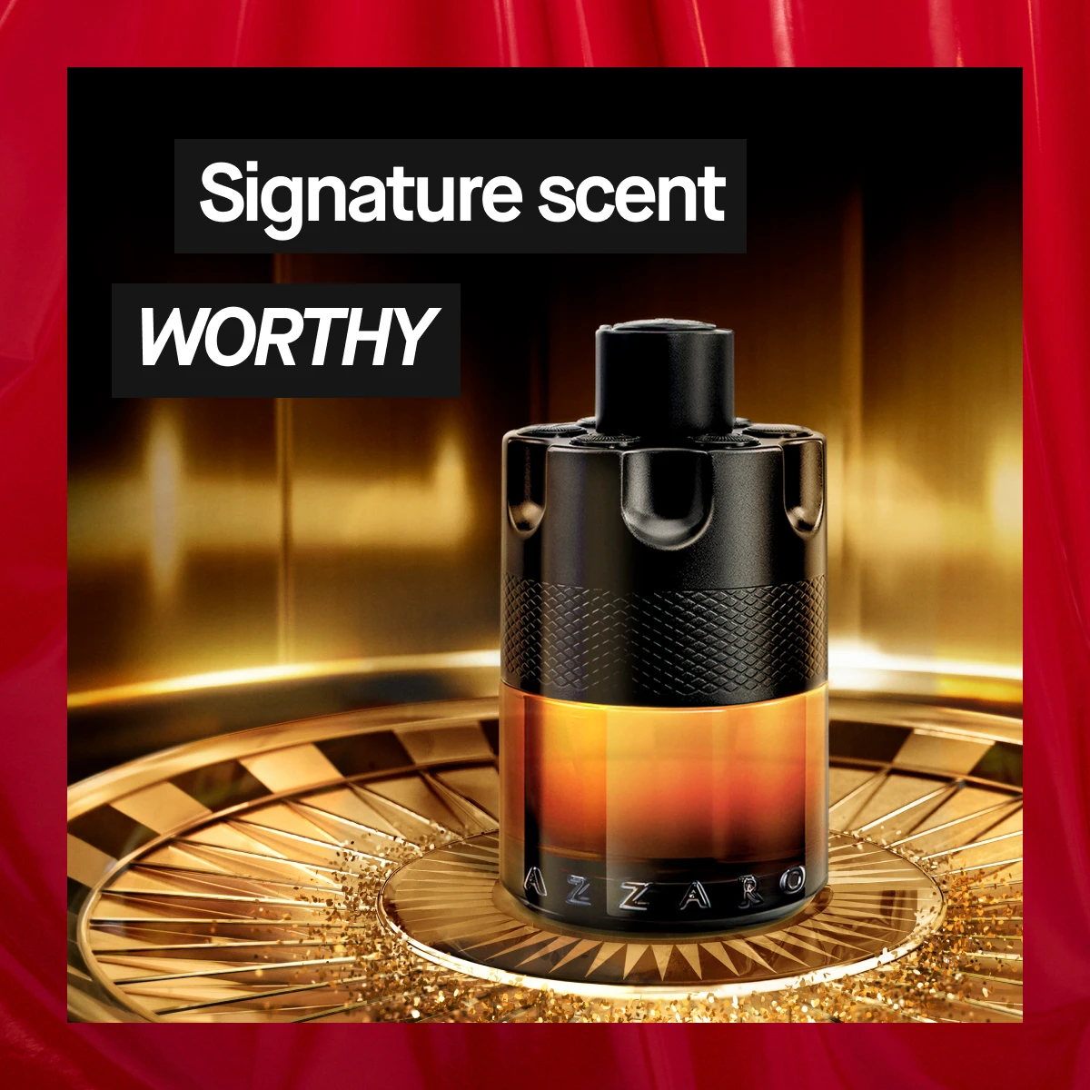 Kuva, joka näyttää hajuvettä pullo Azzaro. Teksti "Signature scent WORTHY" on näkyvissä. Tausta on kulta punaisilla yksityiskohdilla.