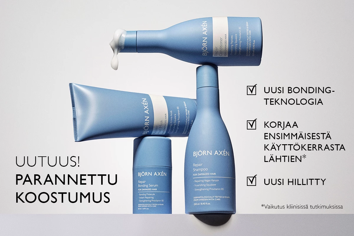 Oikealla kolme sinistä pulloa, joissa on tuotteet ”Repair Shampoo”, ”Repair Conditioner” ja ”Repair Bonding Serum”, sekä sininen tuubi, jossa on ”Repair Deep Conditioner”. Oikeanpuoleisessa tekstissä luetellaan edut: ”Uusi sidosteknologia”, ”Korjaa heti ensimmäisellä käyttökerralla*” ja ”Uusi hienovarainen tuoksu”. Tausta on valkoinen.
