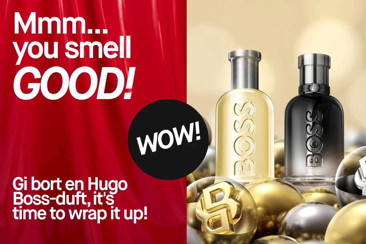 Bilde som viser flere Hugo Boss parfymer. Teksten "Mmm ... you smell GOOD!" er synlig. Bakgrunnen er rød med beige detaljer.