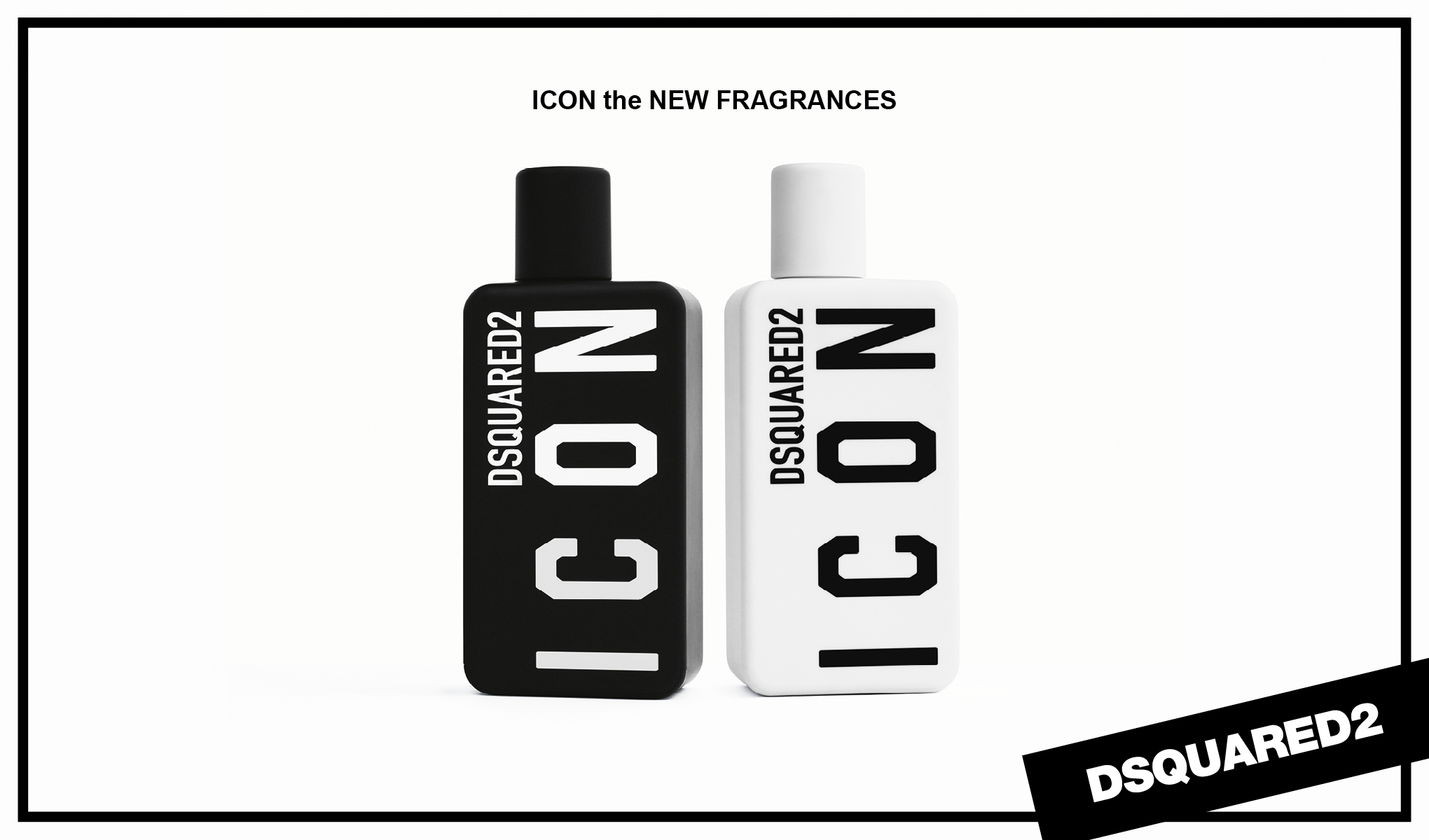 Kaksi DSQUARED2 hajuvesipulloa, joissa lukee "ICON". Toinen pullo on musta valkoisella tekstillä, ja toinen pullo on valkoinen mustalla tekstillä.