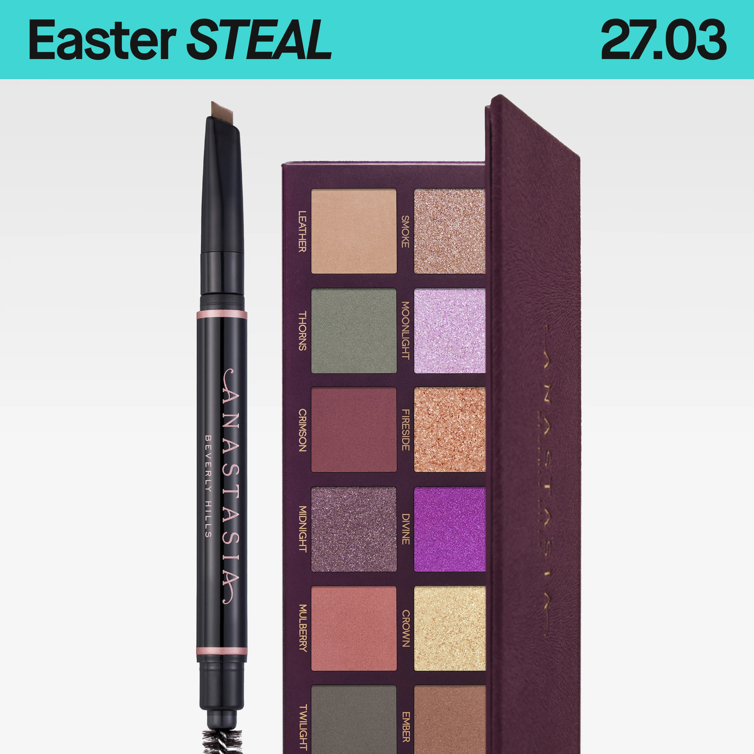 Nærbilde av Anastasia Beverly Hills øyenbrynspenn og øyenskyggepalett med åpent lokk som viser flere skimrende og matte nyanser