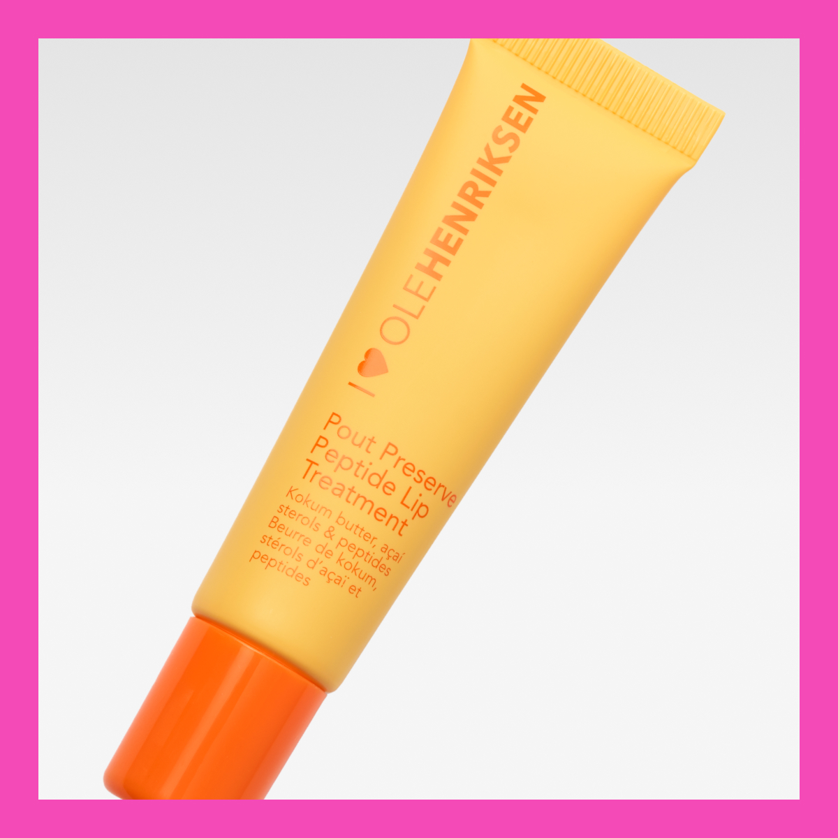 Ole Henriksenin huulihoito nimeltä "Pout Preserve Peptide Lip Treatment". Tuubi on keltainen, jossa on oranssi teksti ja oranssi korkki.