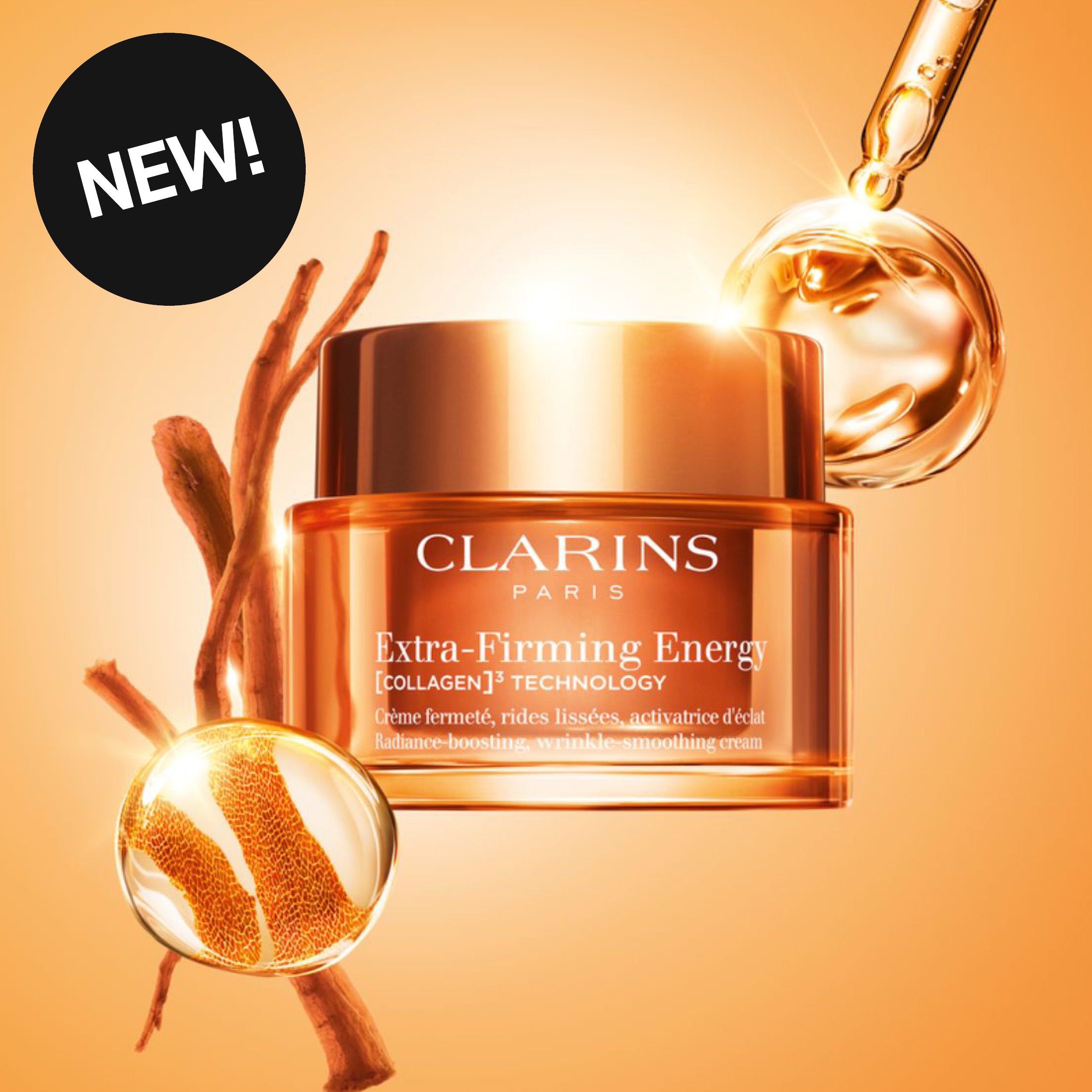 Clarins-ihonhoitovoide oranssissa purkissa tekstillä “CLARINS PARIS Extra-Firming Energy [COLLAGEN]3 TECHNOLOGY Radiance-boosting, wrinkle-smoothing cream”. Pipetti, jossa on seerumipisaroita, ja kasviainesosia näkyy voiteen vieressä sekä pyöreä merkki tekstillä “WOW!”.