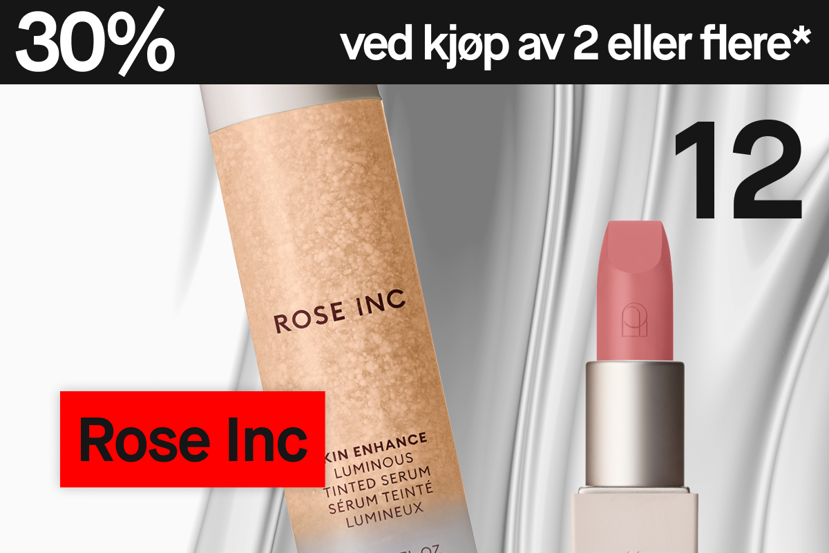 Rose Inc-produkter – et glødgivende serum og en rosa leppestift – mot sølvfarget bakgrunn med “30% ved kjøp av 2”.
