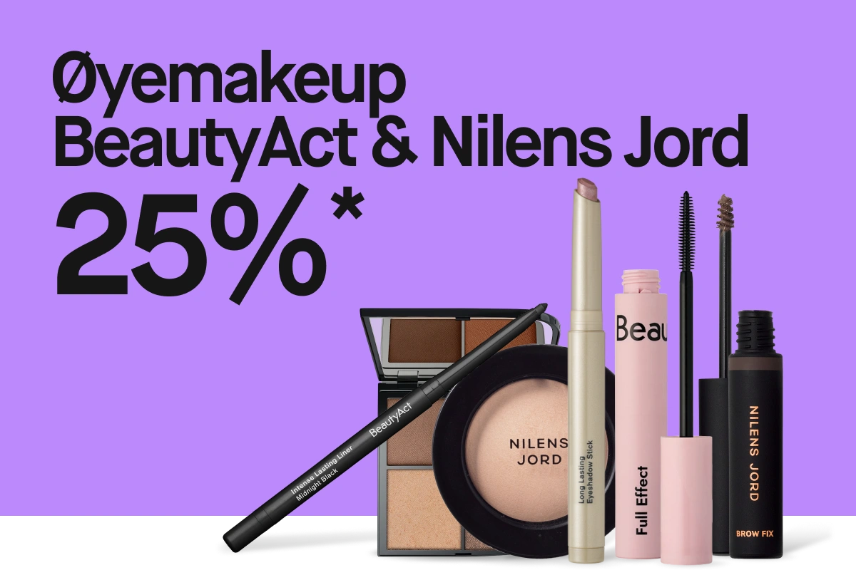 Teksten “Ögonmakeup BeautyAct & Nilens Jord 20%*” vises sammen med øyemakeup-produkter som øyenskyggepalett, eyeliner, pudder, Long Lasting Eyeshadow Stick, Full Effect mascara og Brow Fix.
