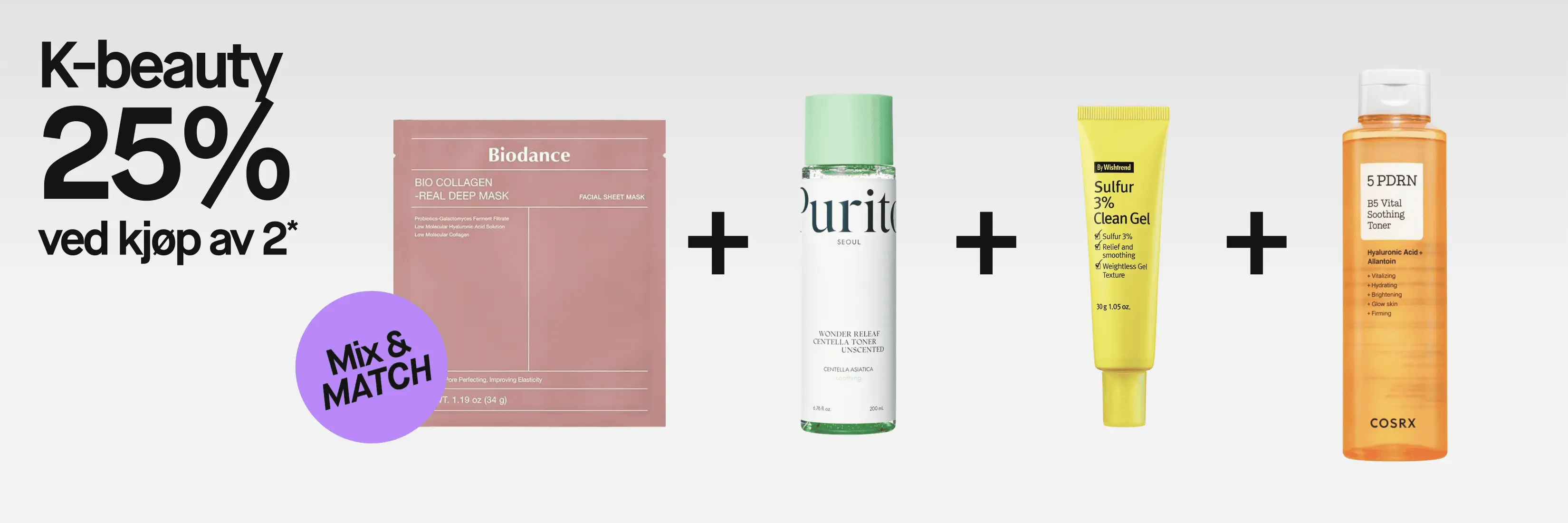 K-beauty Mix & Match med 25% ved kjøp av 2*. Fire koreanske hudpleieprodukter vises: Biodance Bio Collagen Real Deep Mask, Purito Seoul Wonder Releaf Centella Toner Unscented, By Wishtrend Sulfur 3% Clean Gel og COSRX 5 PDRN B5 Vital Soothing Toner.