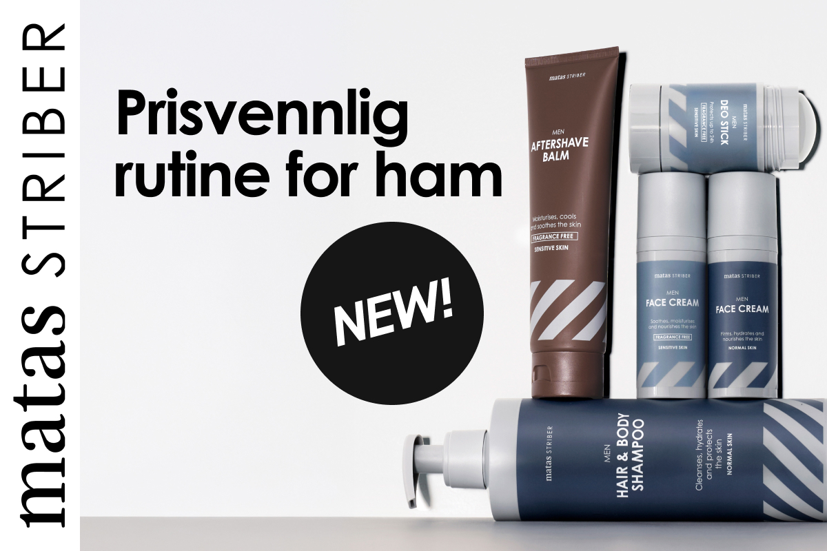 Matas Striber MEN-produkter oppstilt mot lys grå bakgrunn med diskrete diagonale striper. Synlig tekst på produktene inkluderer "2-IN-1 BEARD SHAMPOO", "ANTI-AGE FACE SERUM", "DEO STICK", "INVISIBLE FLUID FACE CREAM SPF" og "HAIR & BODY SHAMPOO".