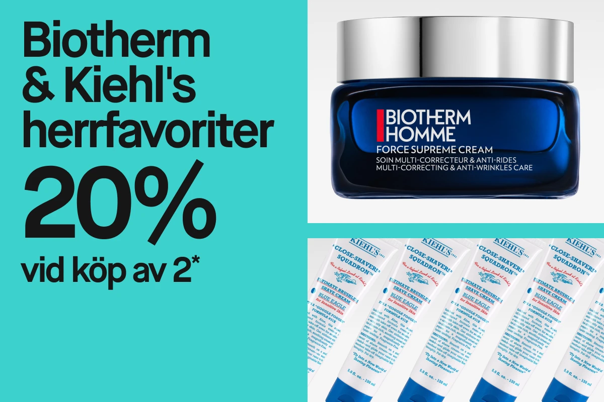 Bild som visar en reklam för en kampanj med 20% rabatt vid köp av två produkter från Biotherm och Kiehl's herrfavoriter. En blå burk med Biotherm Homme Force Supreme Cream och flera tuber med Kiehl's Ultimate Brushless Shave Cream Blue Eagle for Sensitive Skin är synliga. Bakgrunden är turkos.