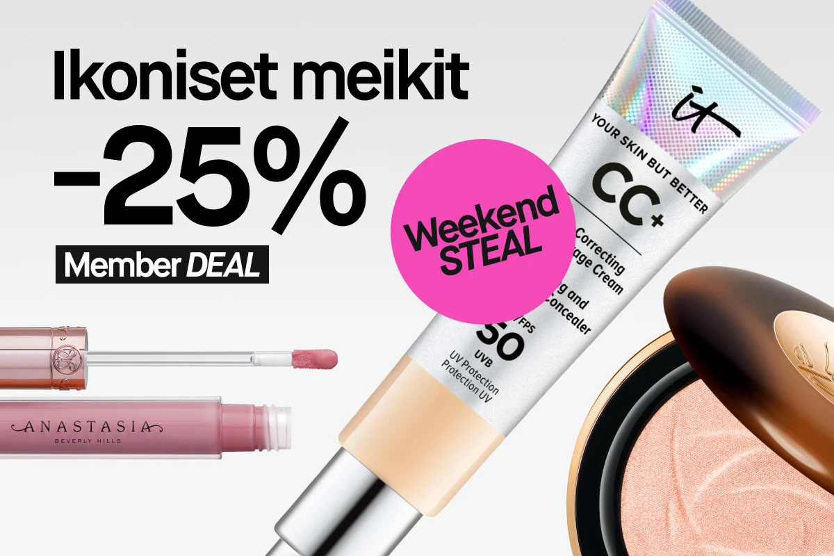 Ikoniset meikit -25% Member DEAL. Kuvassa IT Cosmetics CC+ -voide, Lancôme -poskipuna ja Anastasia Beverly Hills -huulikiilto. Weekend STEAL.