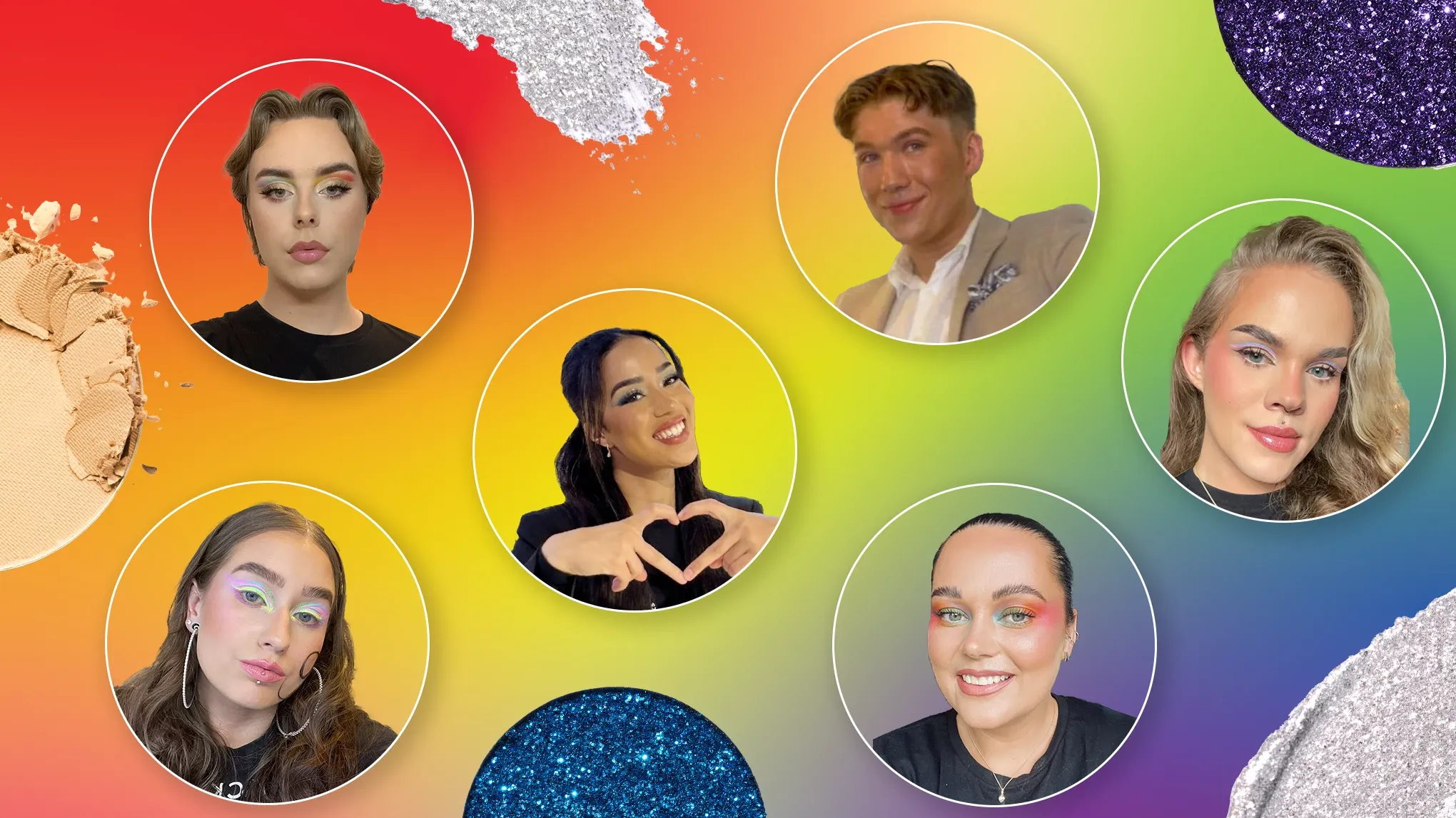 Färgglad collage med fem personer i olika makeup-stilar mot en gradientbakgrund.