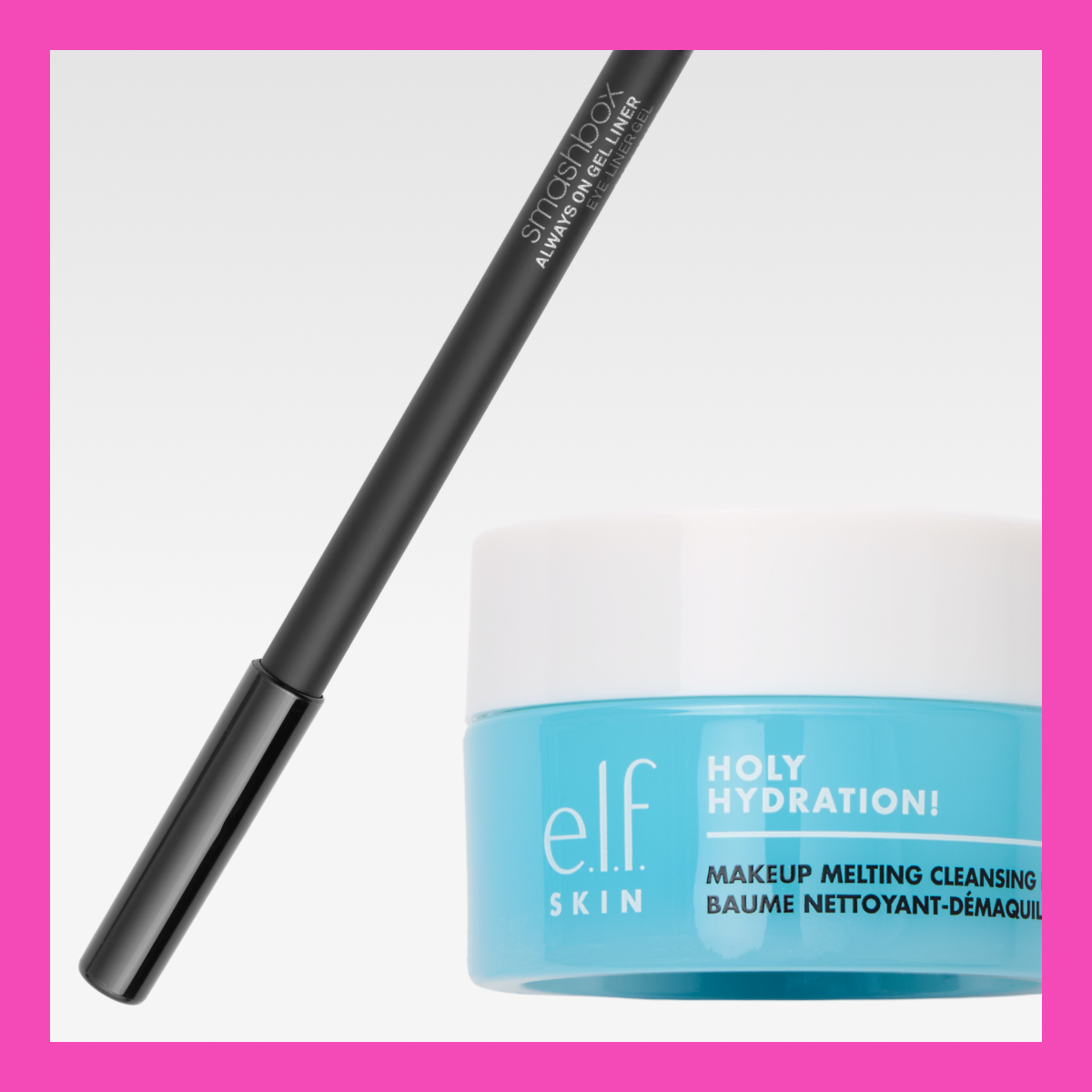 Smashbox-silmänrajauskynä ja e.l.f. Skin Holy Hydration! puhdistusbalmi vaalealla taustalla ja pinkillä reunuksella.