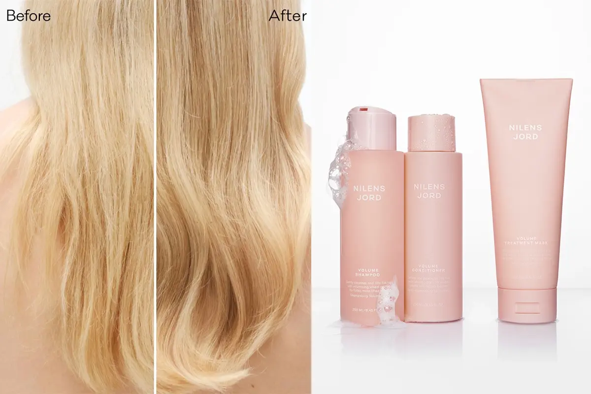 Før og etter: blondt hår med økt volum. Tre rosa Nilens Jord Volume Shampoo, Balsam og Treatment Mask-produkter.