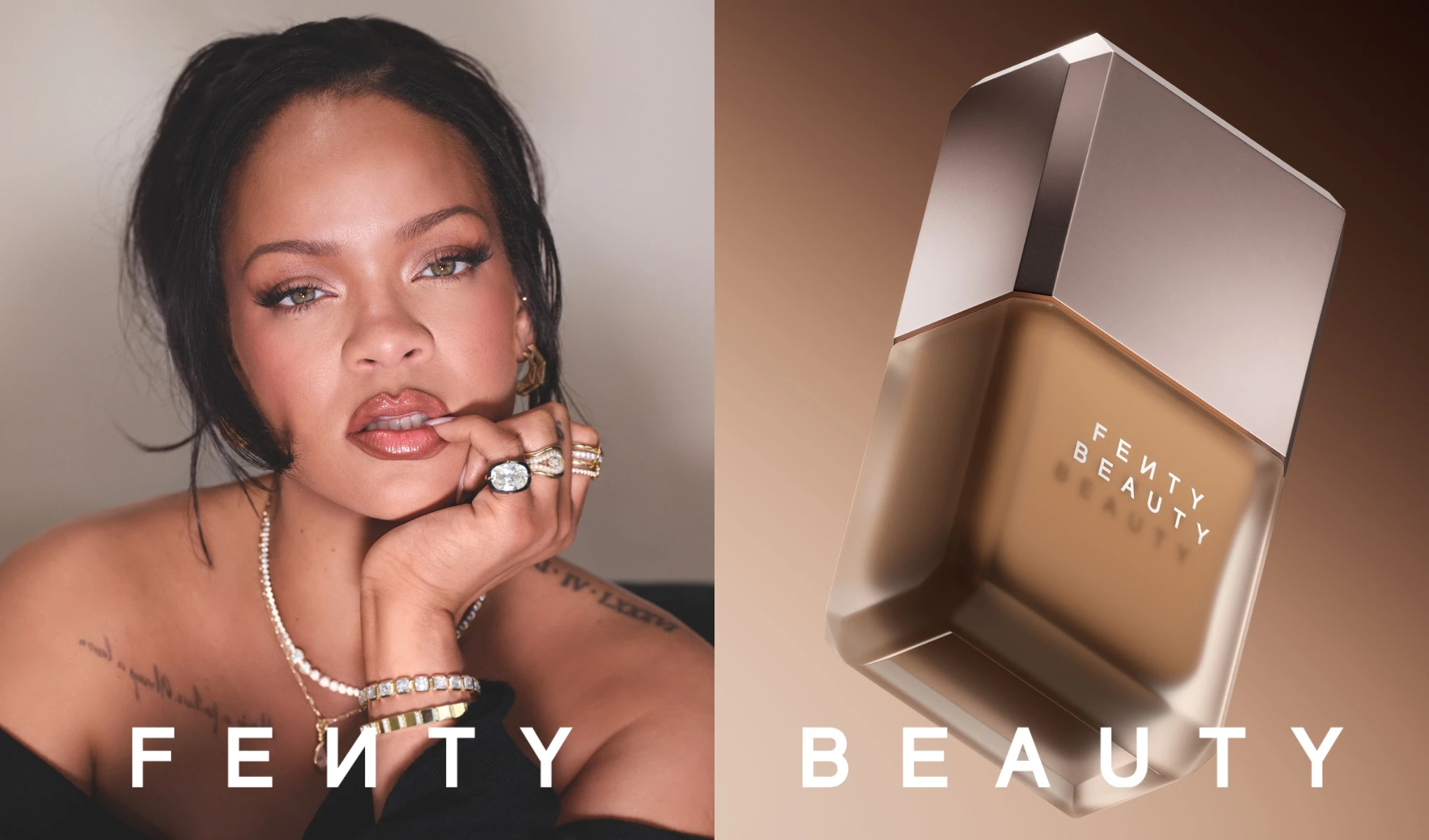 Kvinna med Fenty Beauty-makeup och en Fenty Beauty-foundation mot brun bakgrund.