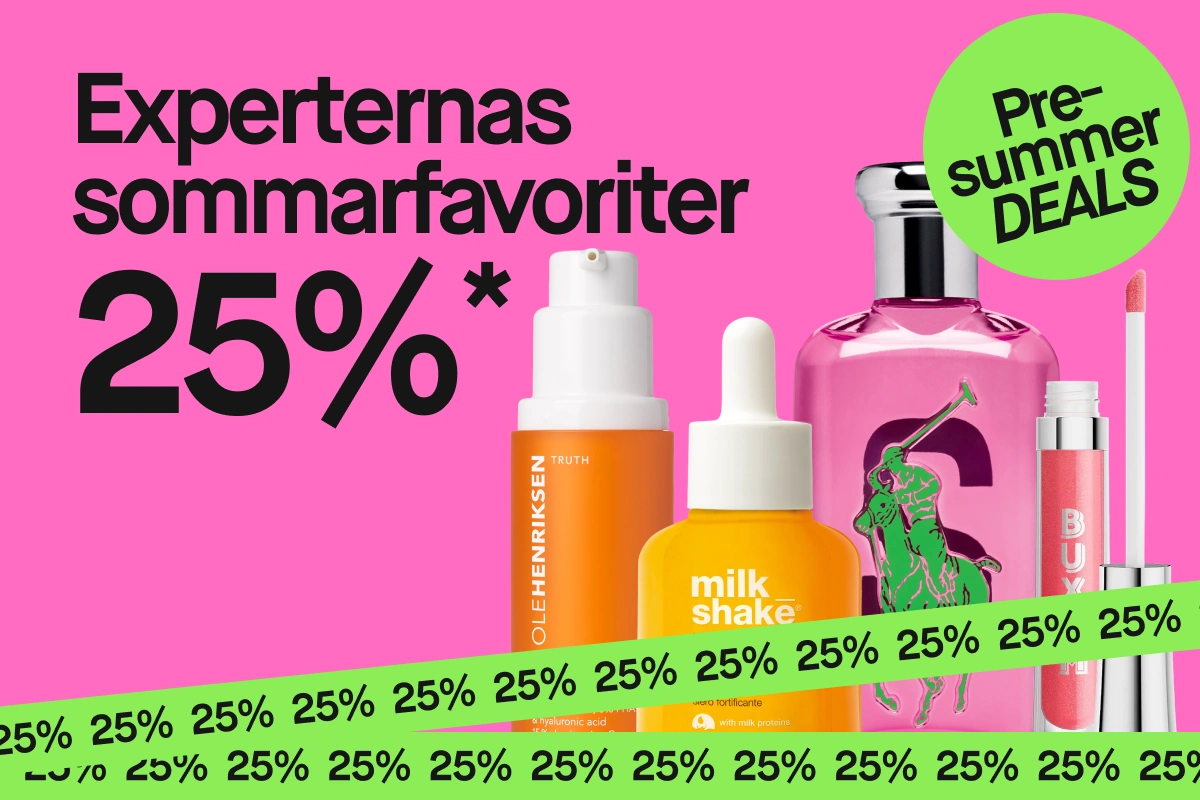 Skönhetsprodukter mot rosa bakgrund: Ole Henriksen Banana Bright Vitamin C Serum, milk shake incredible serum, rosa parfymflaska, Buxom läppglans och Elizabeth Arden Eight Hour Cream. Text i bilden: "Experternas sommarfavoriter 25%*", "Pre-summer DEALS" och upprepad "25%".