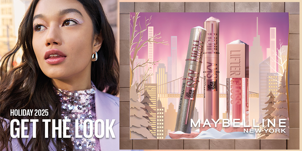 Maybelline New Yorkin mainos, jossa on vaaleanpunainen tausta ja teksti "Holiday 2025 - Get the look". Kuvassa on henkilö, jolla on pitkät tummat hiukset ja kimaltava paita sekä vaaleanpunainen takki.