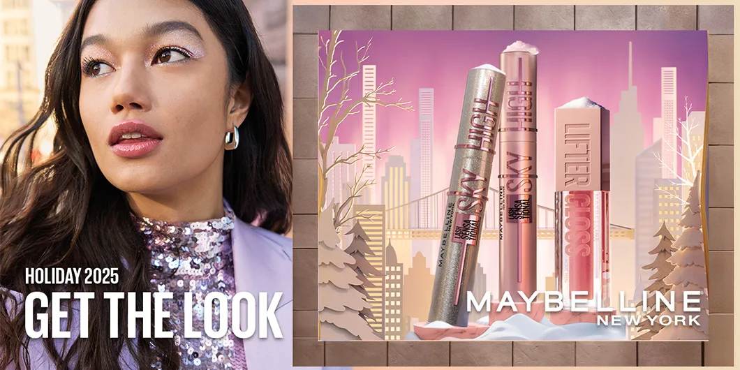 Maybelline New Yorkin mainos, jossa on vaaleanpunainen tausta ja teksti "Holiday 2025 - Get the look". Kuvassa on henkilö, jolla on pitkät tummat hiukset ja kimaltava paita sekä vaaleanpunainen takki.