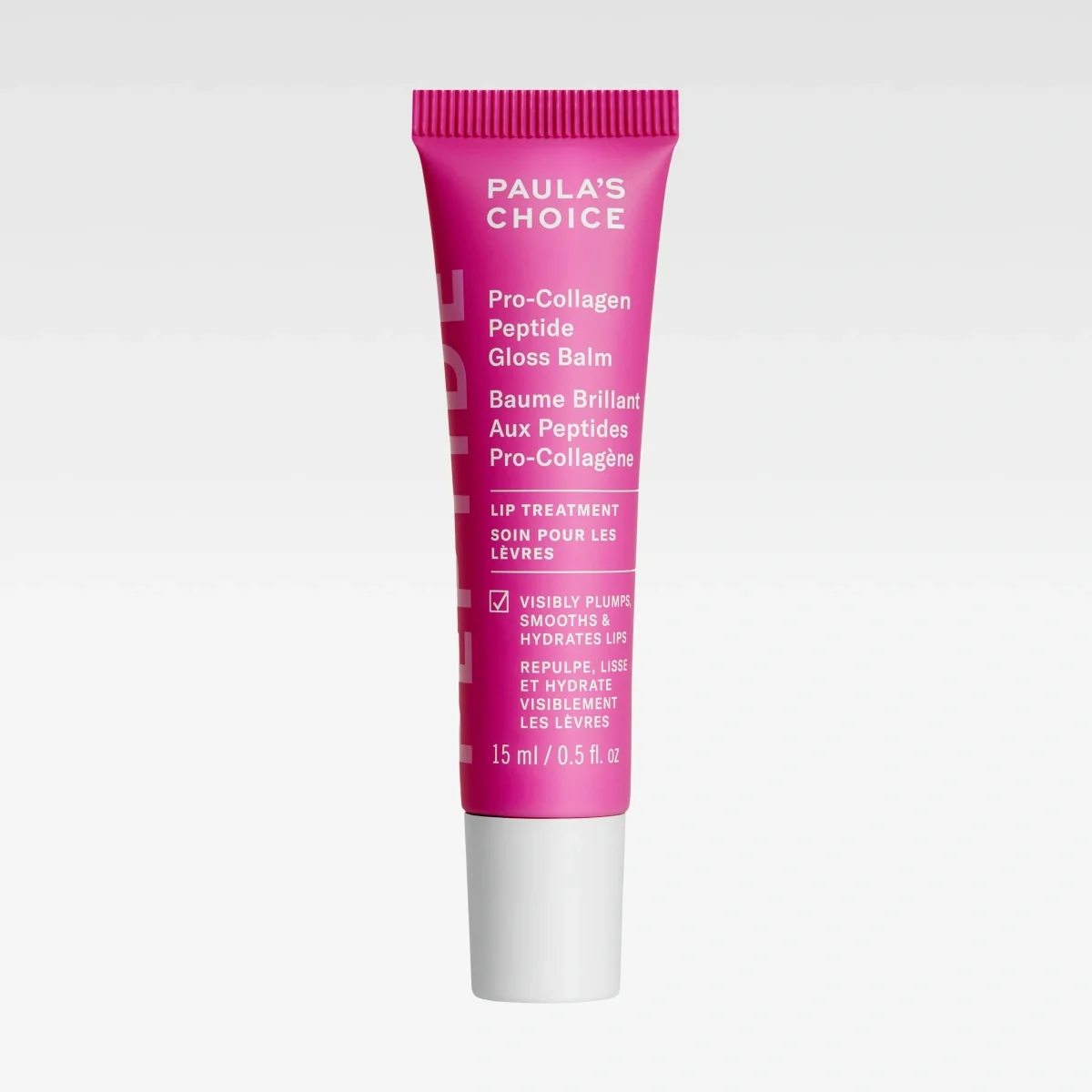 Rosa tube Paula’s Choice Pro-Collagen Peptide Gloss Balm, tekst “Visibly plumps, smooths & hydrates lips” og “15 ml / 0.5 fl. oz.”