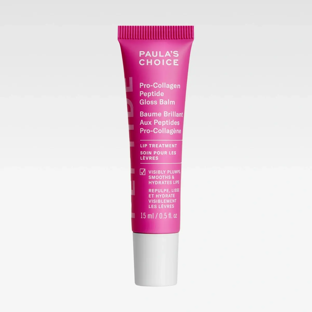 Rosa tub Paula’s Choice Pro-Collagen Peptide Gloss Balm, text “Visibly plumps, smooths & hydrates lips” och “15 ml / 0.5 fl. oz.”
