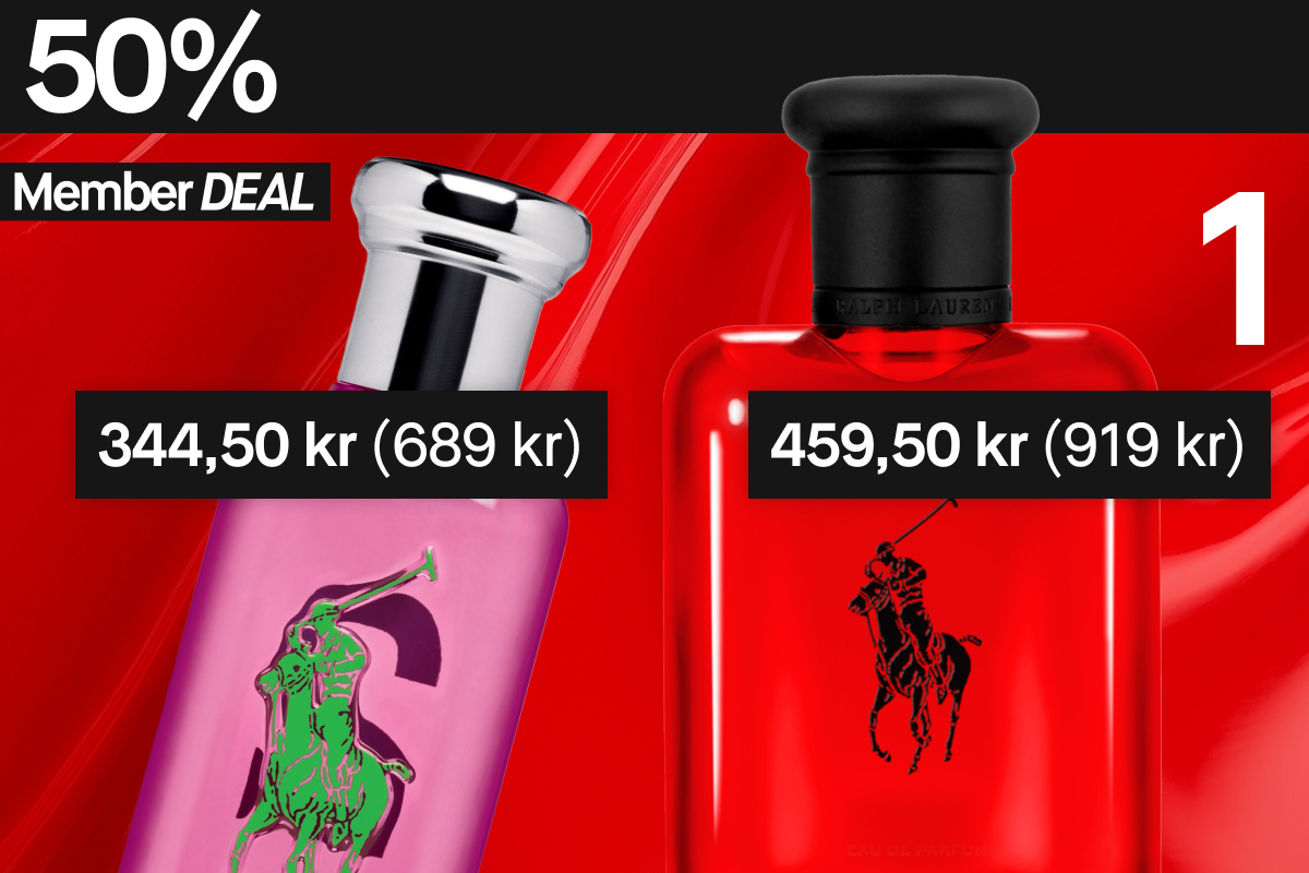 50 % rabatt på Ralph Lauren parfymer för medlemmar. Rosa flaska kostar 344,50 kr (ordinarie pris 689 kr) och röd flaska kostar 459,50 kr (ordinarie pris 919 kr).