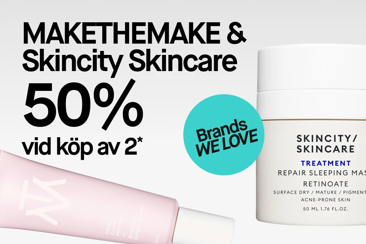 Bild som visar två produkter: en rosa tub med MAKETHEMAKE Dewy Glow Primer och en vit burk med Skincity Skincare Treatment Repair Sleeping Mask Retinoate. Texten "50% vid köp av 2*" och "Brands WE LOVE" är synliga. Bakgrunden är vit.