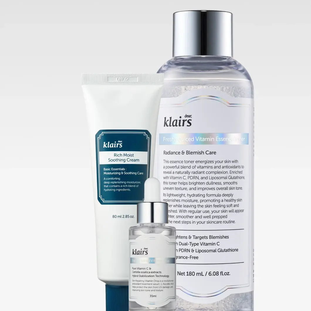 Klairs ihonhoitosetti: Rich Moist Soothing Cream -voide, Freshly Juiced Vitamin Essence Toner -kasvovesi ja Freshly Juiced Vitamin Drop -seerumi.