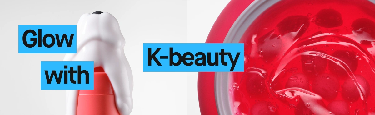 Lähikuva ihonhoitotuotteesta, jossa punainen geelimäinen koostumus sekä teksti “Hehkua K-beautyn avulla” sinisissä laatikoissa.