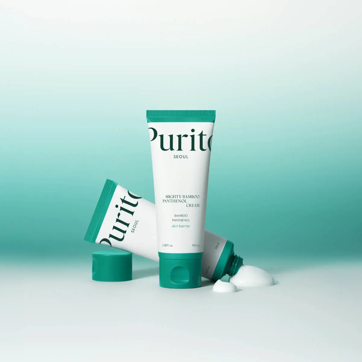 To Purito Seoul Mighty Bamboo Panthenol Cream-tuber (100ml / 3.38 fl. oz). En tube er åpen med krem presset ut.