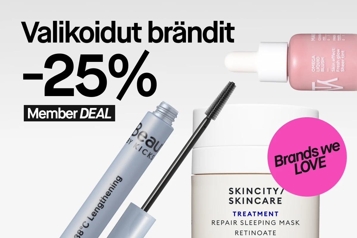 Valikoidut brändit -25% Member DEAL. Kuvassa Beauty by Kicks -ripsiväri, Skincity Skincare -yönaamio ja MAKETHEMAKE Omega Liquid Blush -poskipuna. Brands we LOVE.