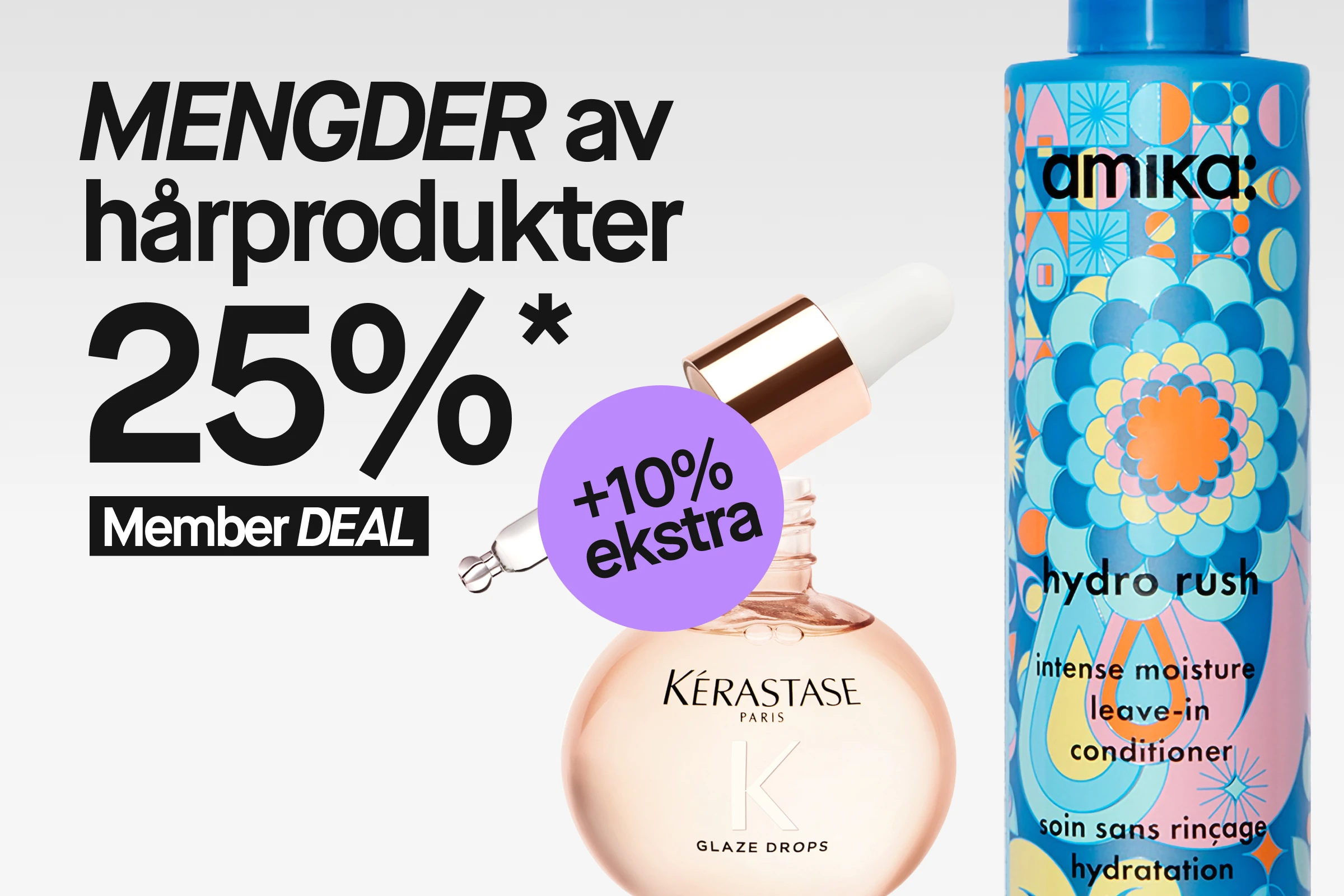 Kampanjebilde med teksten «Massor av hårprodukter 25%» og «Member DEAL». Flere hårprodukter vises, blant annet en blå Amika-sprayflaske, en oransje Curl Crush-tube fra Hairlust, en grønn Björn Axén-flaske og en liten hårprodukt i glass. Rosa sirkel med teksten «Hair MAGIC».