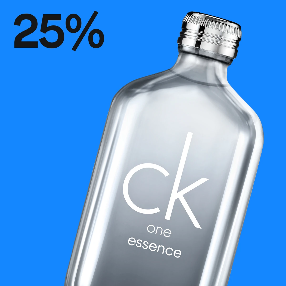 CK One Essence parfymeflaske med teksten 25% rabatt, mot en blå bakgrunn.