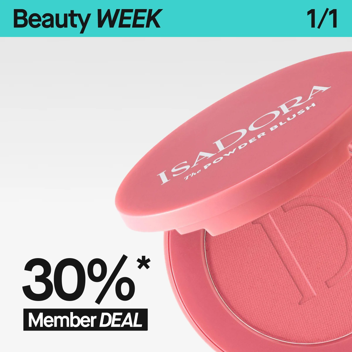 "IsaDora kampanjbild med The Powder Blush i rosa nyans och text som visar 30% rabatt – Member Deal under Beauty Week."