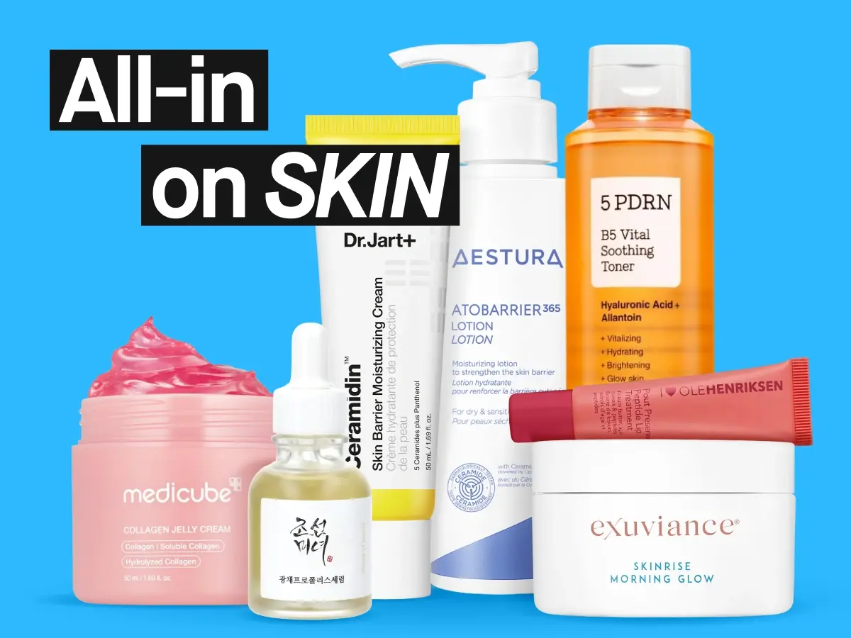 Kokoelma ihonhoitotuotteita, kuten Medicube, Dr. Jart+ ja Ole Henriksen, tekstillä 'All-in on SKIN'.