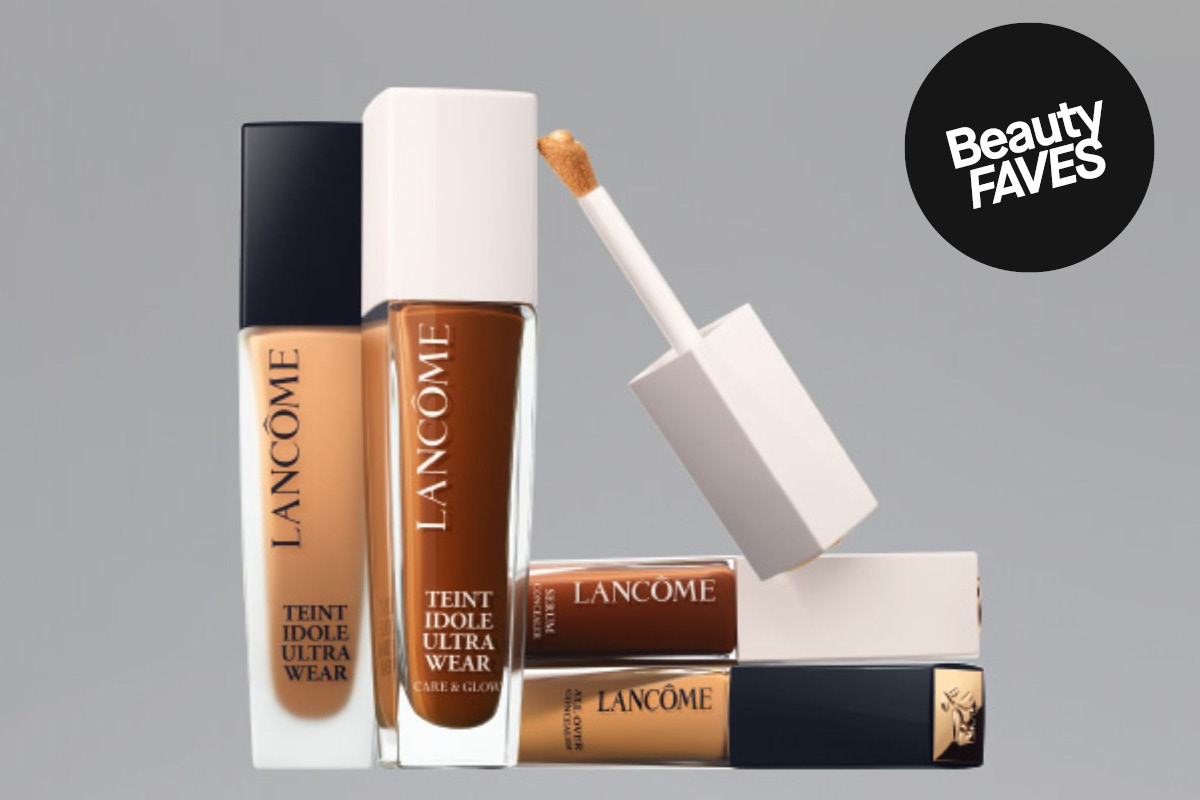 Lancômen Complexion Collection sisältäen Teint Idôle -meikkivoiteen ja peitevoiteen harmaalla taustalla