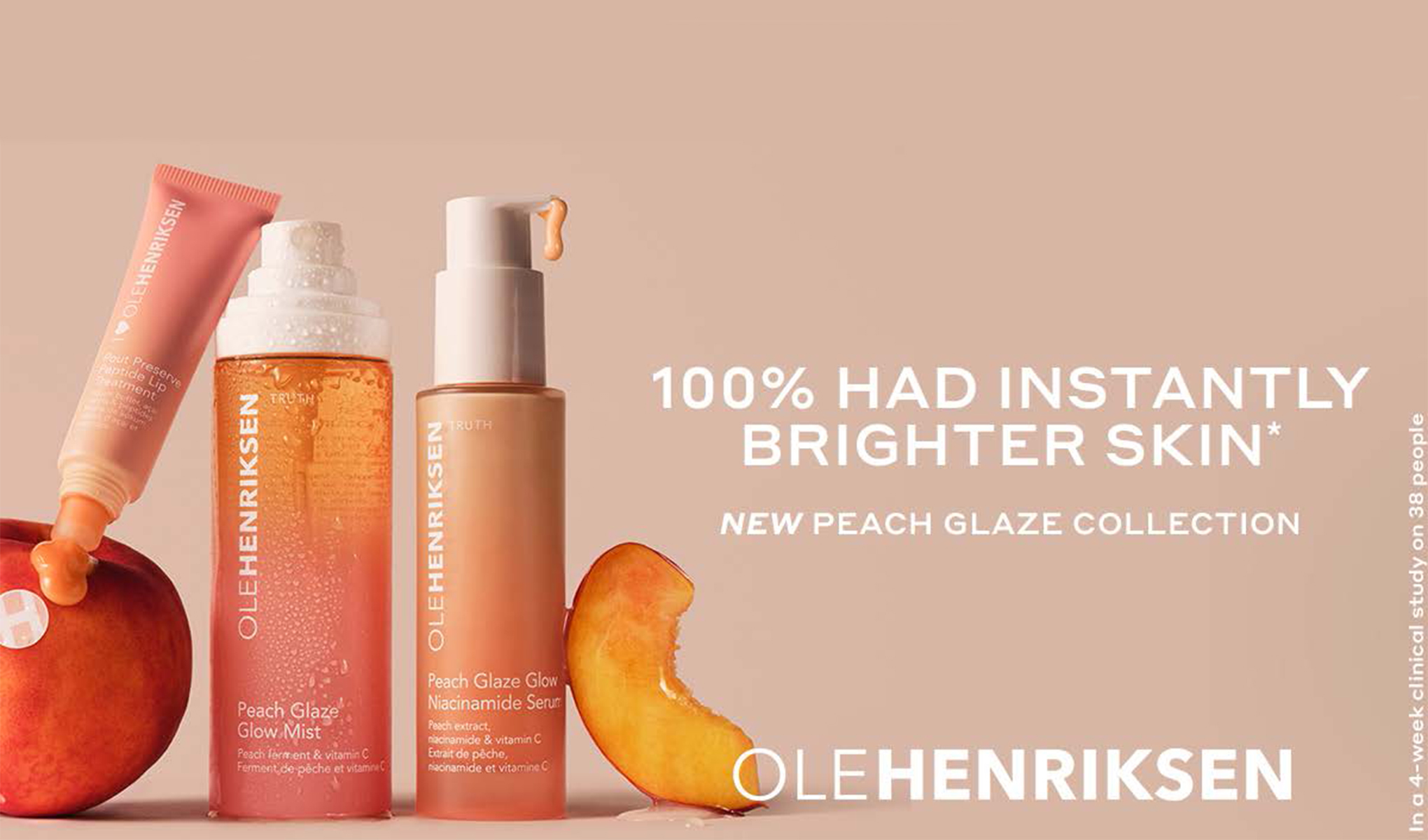 Kolme ihonhoitotuotetta Ole Henriksen Balance+ Collectionista vihreissä ja oransseissa pakkauksissa, vaahdon ympäröimänä. Kuvan teksti sanoo "Visibly clearer skin in 1 week".