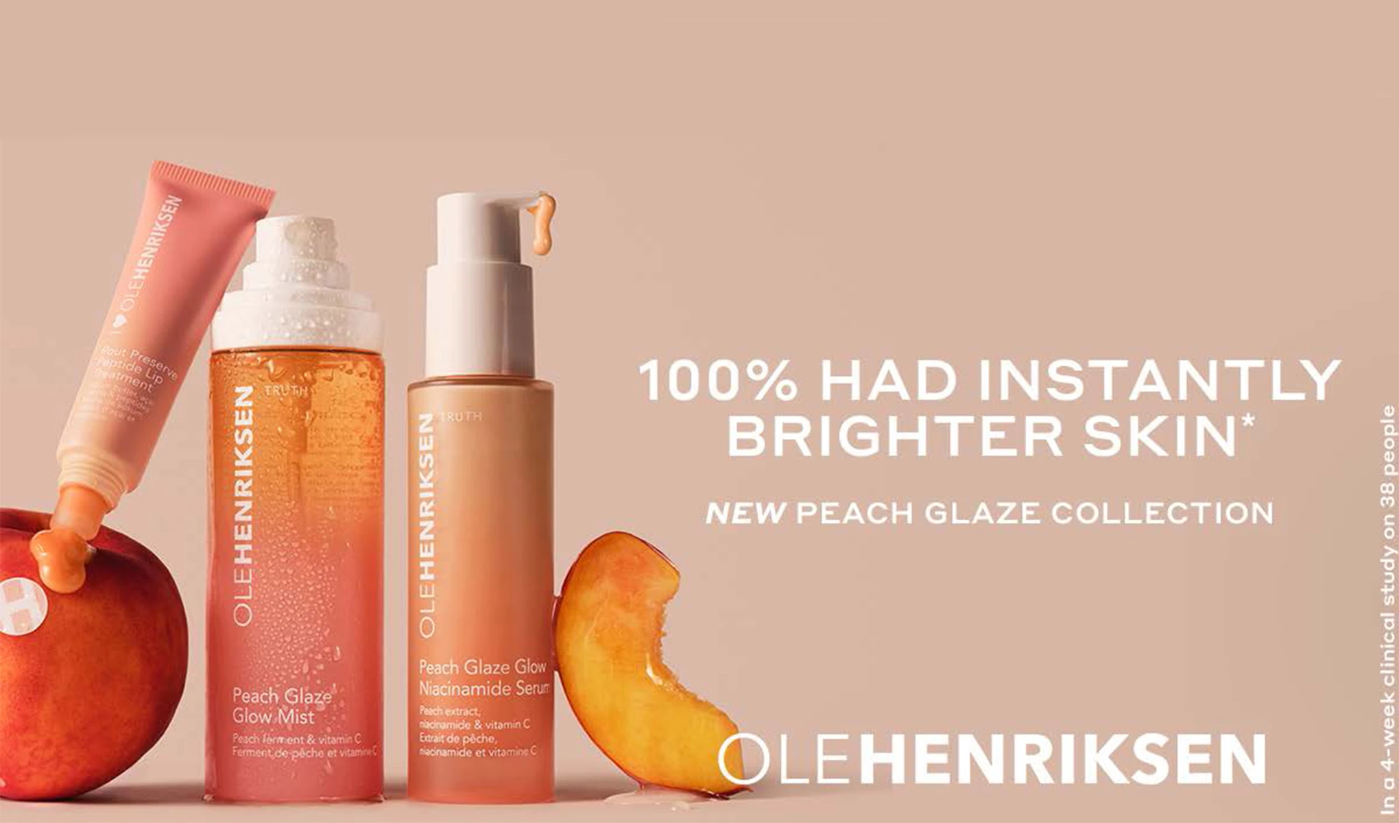 Kolme ihonhoitotuotetta Ole Henriksen Balance+ Collectionista vihreissä ja oransseissa pakkauksissa, vaahdon ympäröimänä. Kuvan teksti sanoo "Visibly clearer skin in 1 week".
