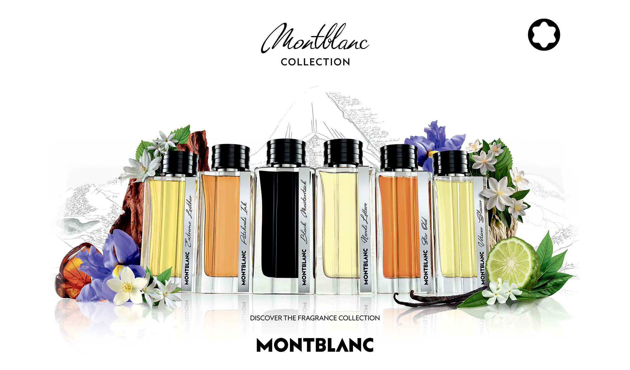 Montblanc-duftkolleksjon med flere parfymeflasker omgitt av blomster og ingredienser.