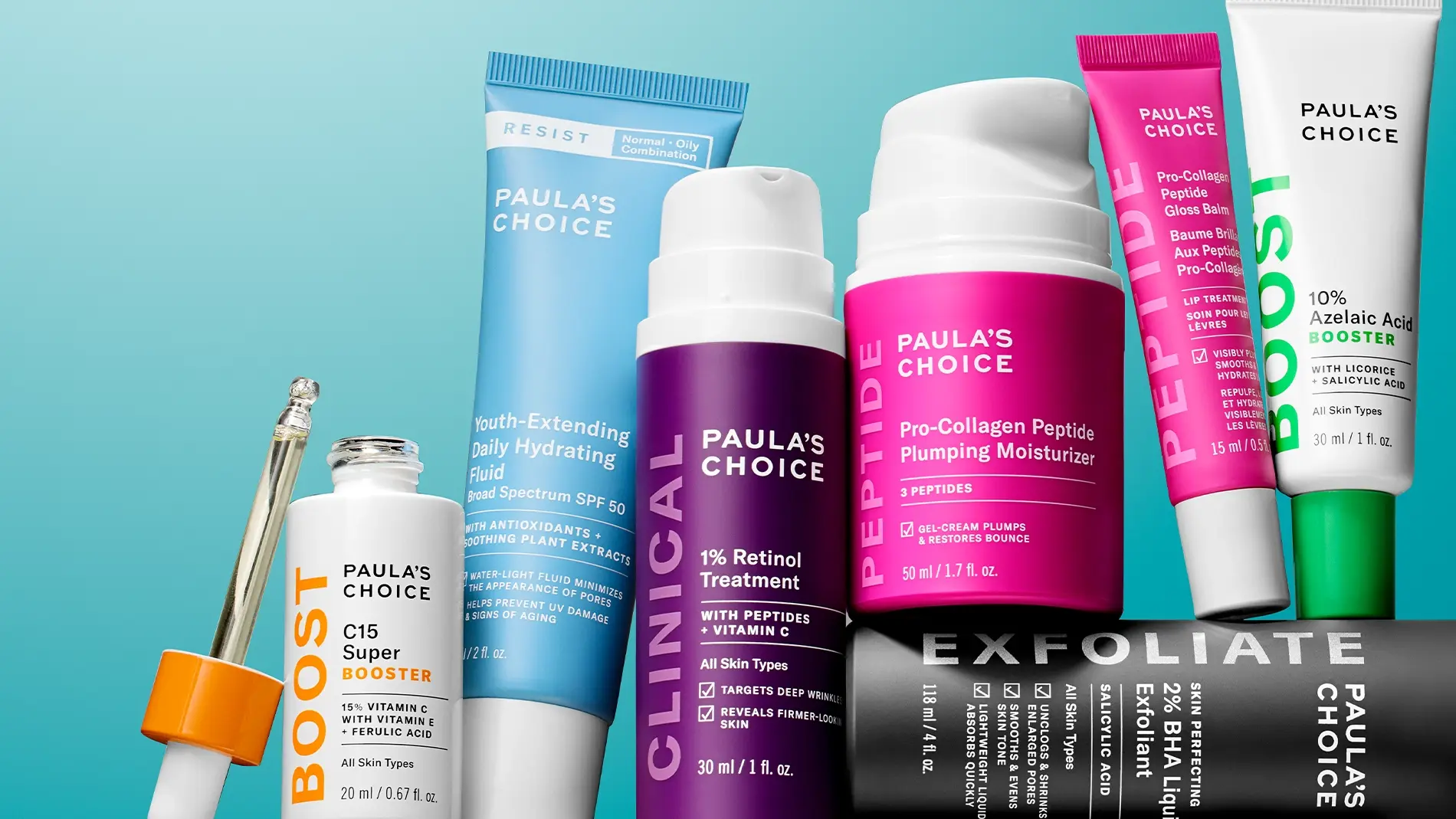 En samling av Paula's Choice hudvårdsprodukter, inklusive serum, fuktkräm och exfolierande behandlingar.