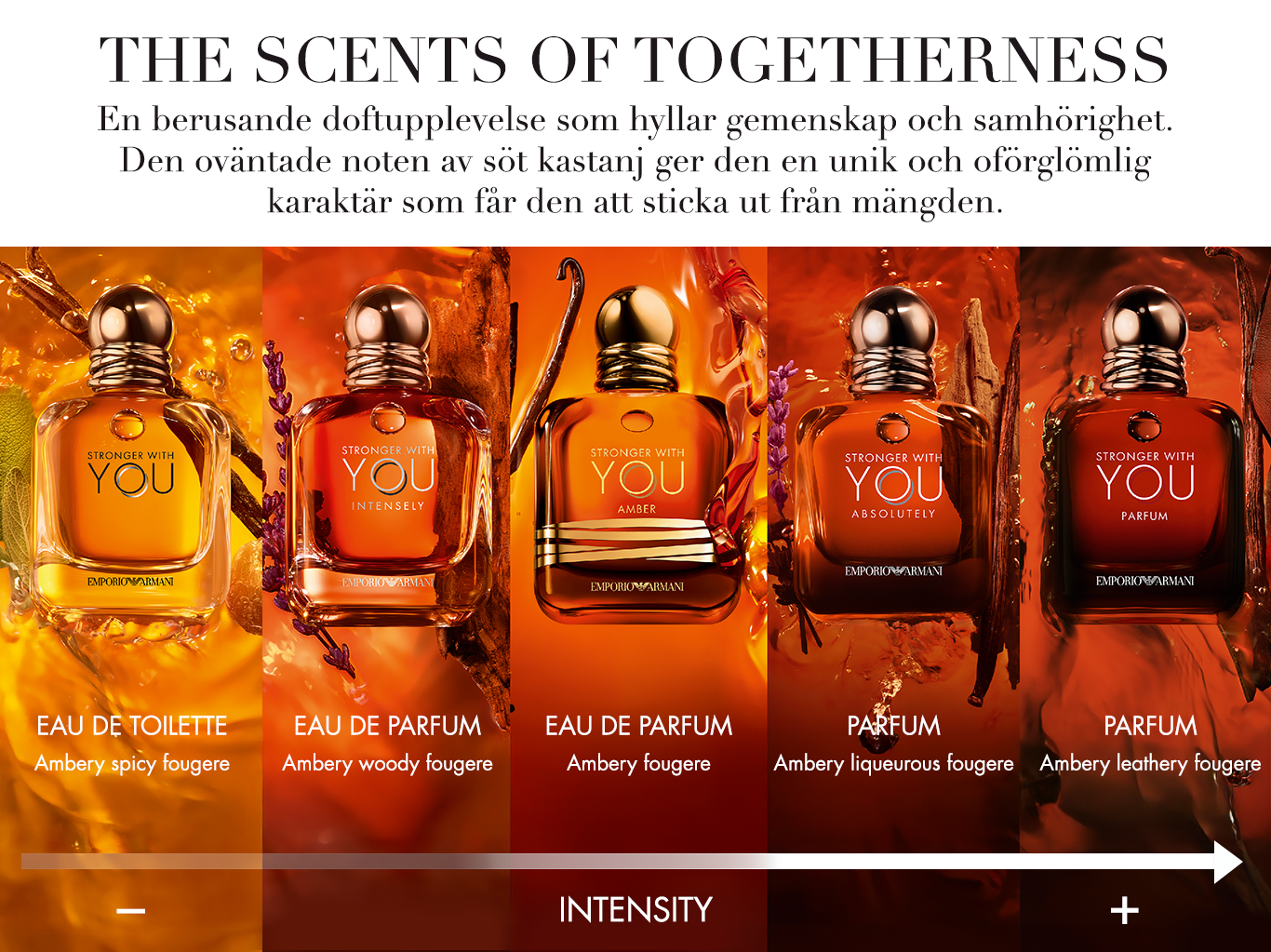 Emporio Armani Stronger With You-parfymerna är avbildade i fem olika flaskor mot en eldliknande bakgrund. Varje flaska representerar en unik doftprofil, från Eau de Toilette med kryddig fougère till Parfum med läderaktig fougère, och en intensitetsskala visas längst ner.