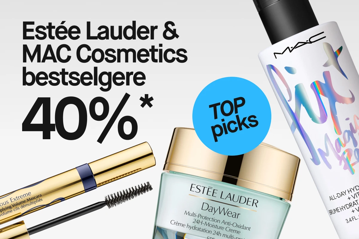 Teksten «Estée Lauder & MAC Cosmetics bestselgere 40 %*» vises ved siden av en blå sirkel med teksten «TOP picks». Bildet viser Estée Lauder DayWear Multi-Protection Anti-Oxidant 24H-Moisture Creme SPF 15, Estée Lauder Sumptuous Extreme Lash Multiplying Volume Mascara med synlig mascarabørste og MAC Fix+ Magic Radiance mot en lys grå bakgrunn.