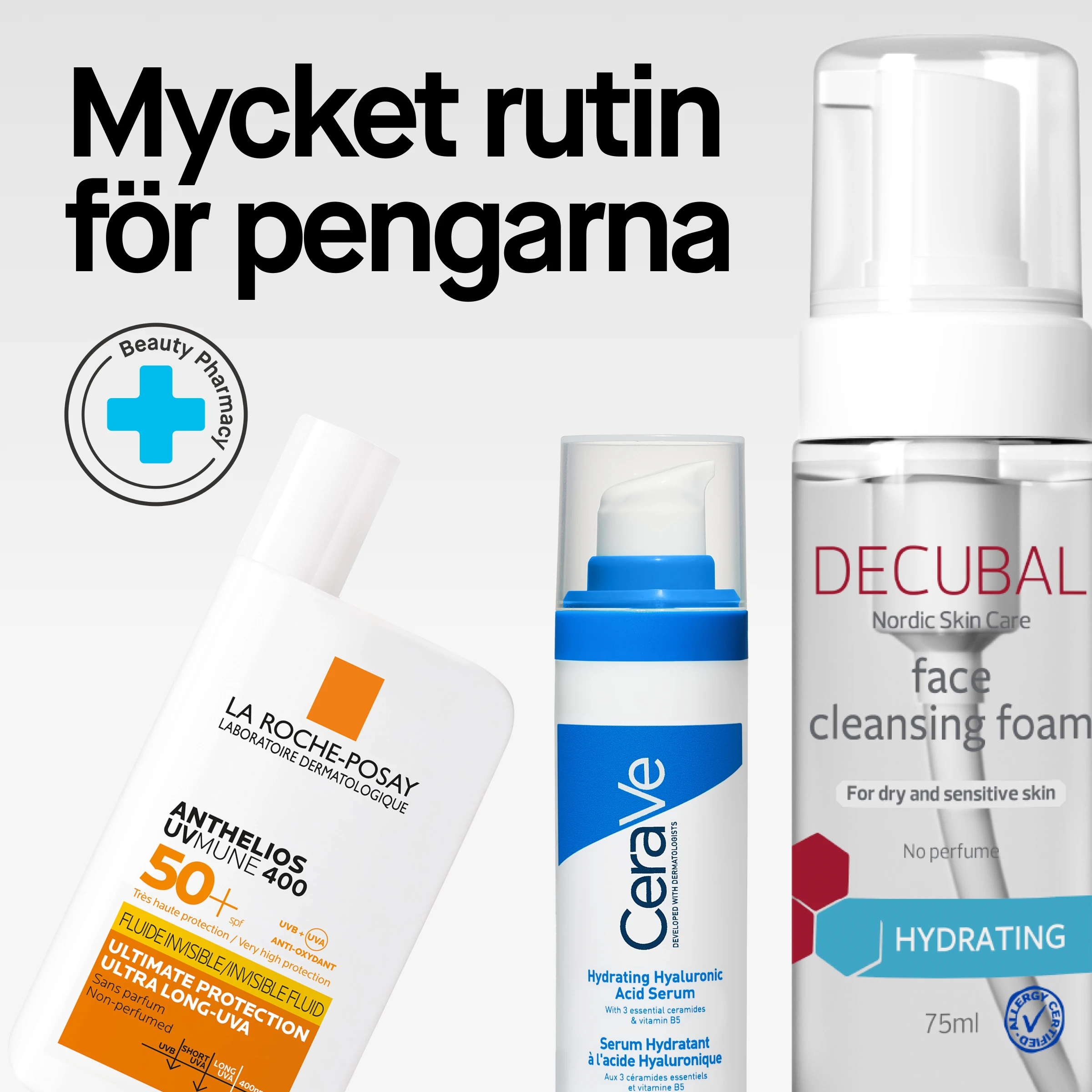 Dermatologisk hudvård, la roche posay SPF 50, CeraVe ansiktsvård och Decubal face cleansing foam