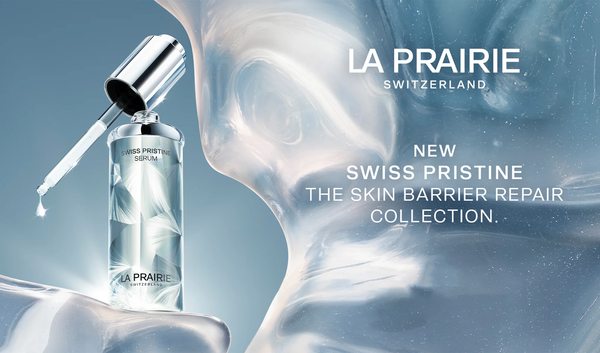 La Prairie Swiss Pristine Serum -seerumi sinisävyisellä taustalla. Teksti: ”New Swiss Pristine. The Skin Barrier Repair Collection.”
