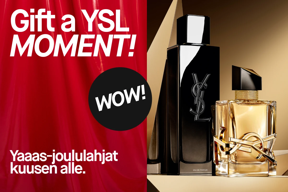 Ylelliset YSL-hajuvedet mustan ja kullan sävyissä tyylikkäällä taustalla, punaisen kampanjatekstin kera – täydellinen Yves Saint Laurent -lahjavinkki jouluksi.