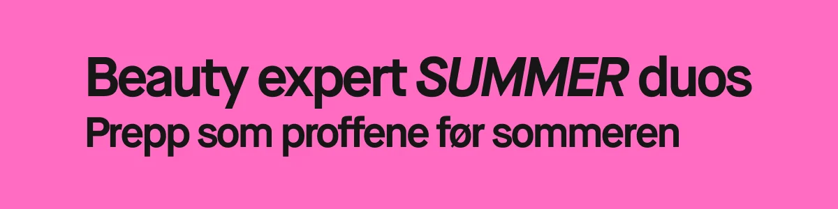 Rosa banner med teksten “Beauty expert SUMMER duos” og “Preppa som proffsen inför sommaren”. 