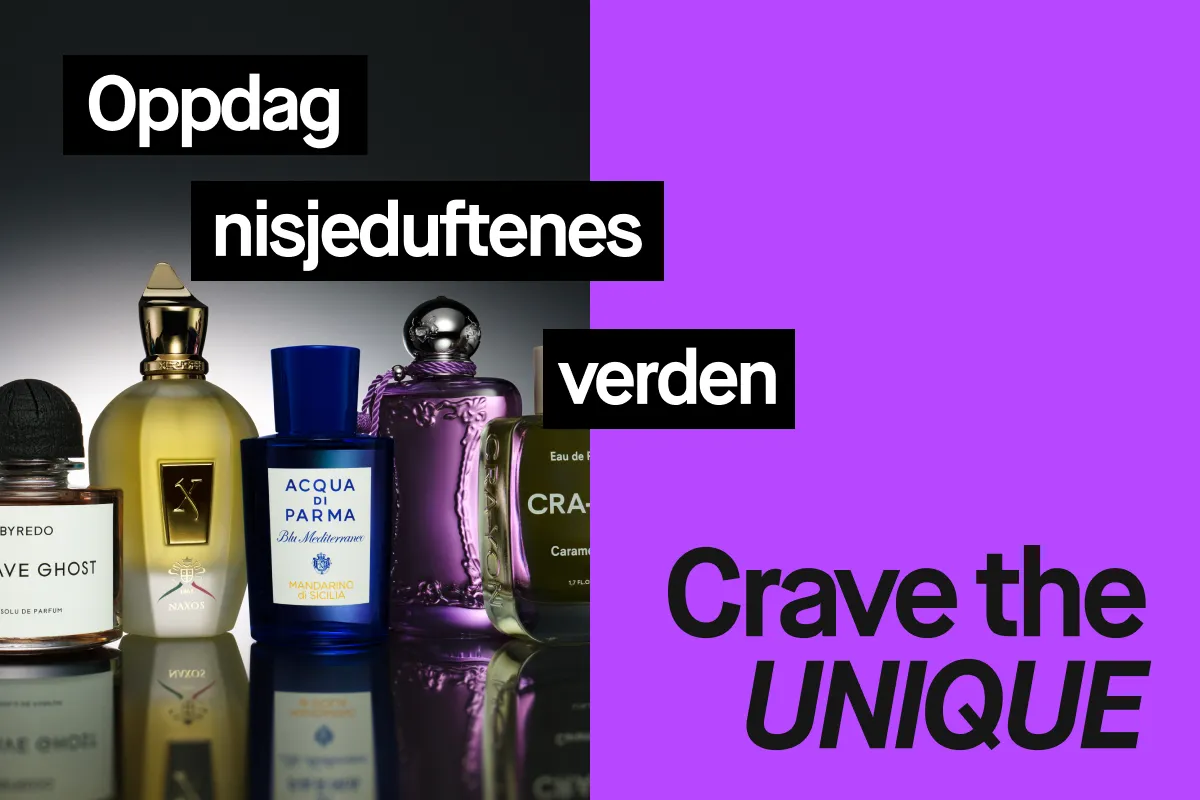 En samling eksklusive nisjeparfymer, blant annet Byredo Mojave Ghost, Xerjoff Naxos, Acqua di Parma Blu Mediterraneo Mandarino di Sicilia og CRA-YON Eau de Parfum. Teksten «Oppdag verden av nisjeparfymer» og «Crave the UNIQUE» vises på bildet.