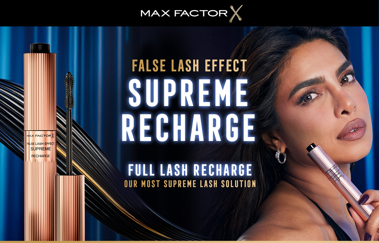 Max Factor False Lash Effect Supreme Recharge -ripsiväri, jossa on uudelleentäytettävä pakkaus ja oikealla nainen, jolla on pitkät tummat hiukset. Kuvan tekstissä lukee ”False Lash Effect Supreme Recharge - Endless Refillable Use - Our Most Supreme Lash Solution”.