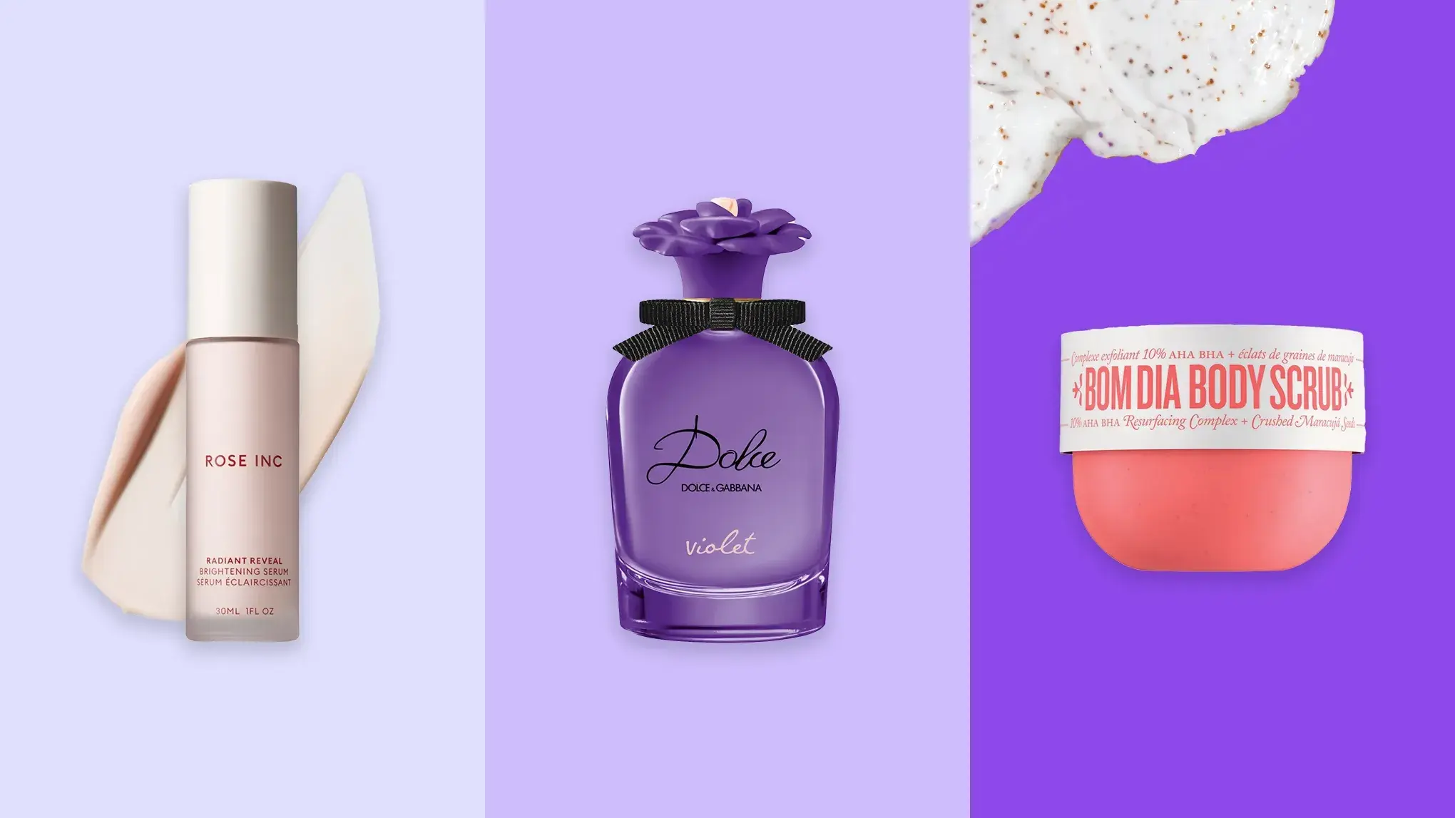 Rose Inc Radiant Reveal Brightening Serum, Dolce & Gabbana Violet -hajuvesi ja Bom Dia Body Scrub lilaa taustaa vasten.