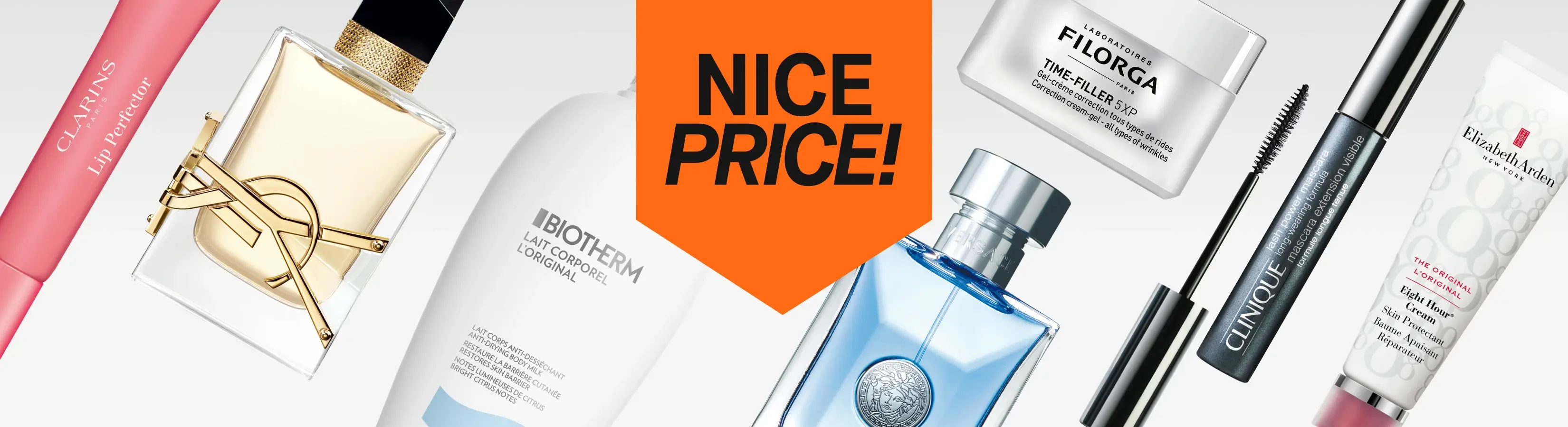 Et utvalg av skjønnhetsprodukter vises, inkludert Jorgobé Niacinamide Serum, Acqua di Gioia parfyme fra Giorgio Armani, COSRX Advanced Snail Radiance Dual Essence, Emporio Armani Stronger With You parfyme og Depend Gel iQ neglesett. En oransje etikett med “NICE PRICE!” og en diagonal svart banner med “More beauty added” vises over bildet.